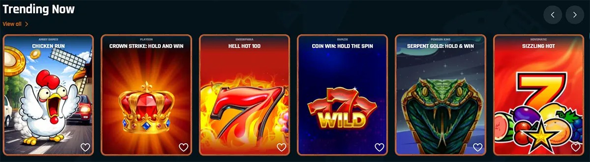 “Casino homepage ‘Trending Now’ carousel showing six slot tiles—Chicken Run, Crown Strike: Hold and Win, Hell Hot 100, Coin Win: Hold the Spin, Serpent Gold: Hold & Win, and Sizzling Hot—with heart icons and navigation arrows.”