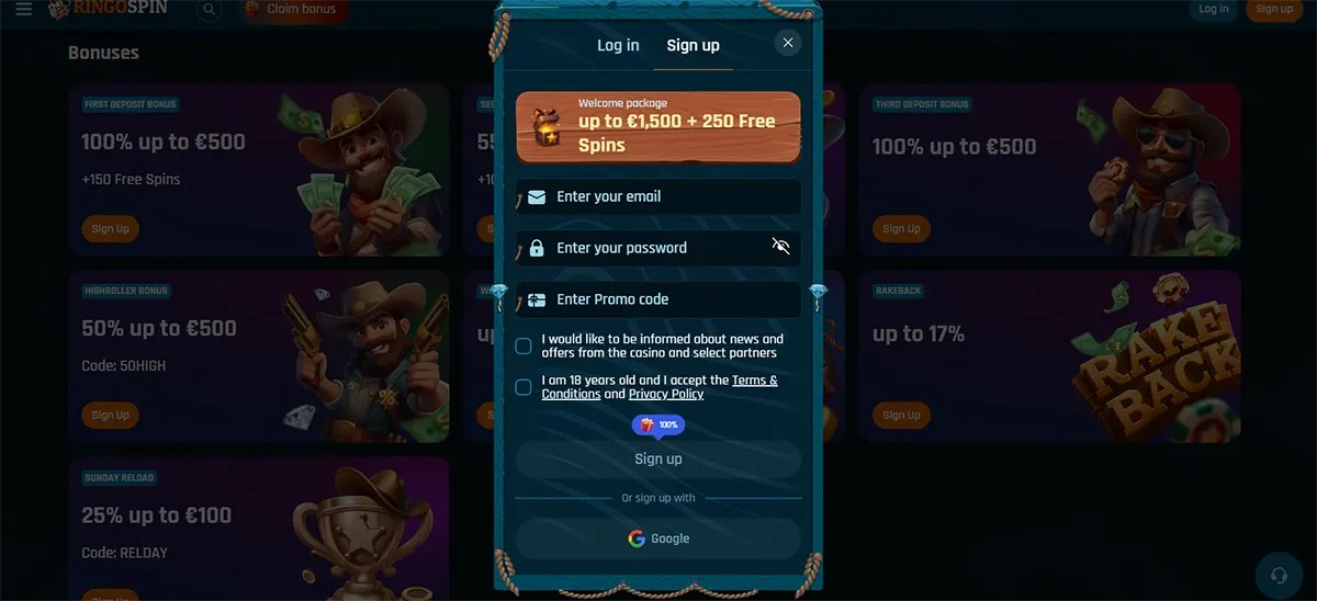 “RingoSpin ‘Sign up’ pop-up over a blurred bonuses page, showing a welcome package banner ‘up to €1,500 + 250 Free Spins’, fields for email, password and promo code, two consent checkboxes, a Sign up button, and a Google sign-in option.”