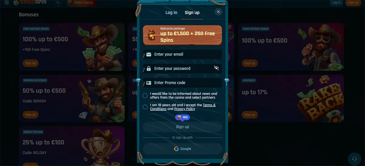 “RingoSpin ‘Sign up’ pop-up over a blurred bonuses page, showing a welcome package banner ‘up to €1,500 + 250 Free Spins’, fields for email, password and promo code, two consent checkboxes, a Sign up button, and a Google sign-in option.”